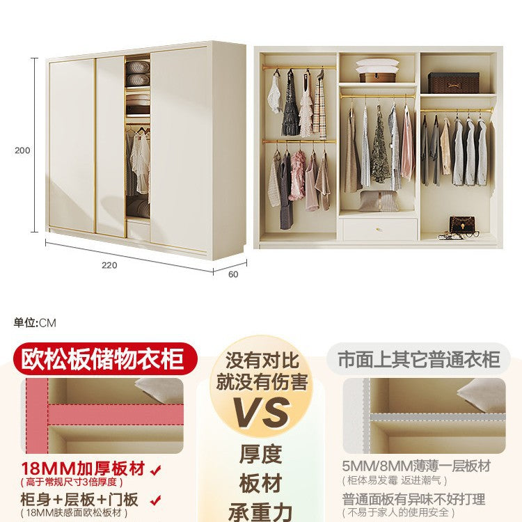 E0European Pine Board Warm White Sliding Door Wardrobe Desk Integrated Set Cream Style Bedroom Home Solid Wood Large Wardrobe