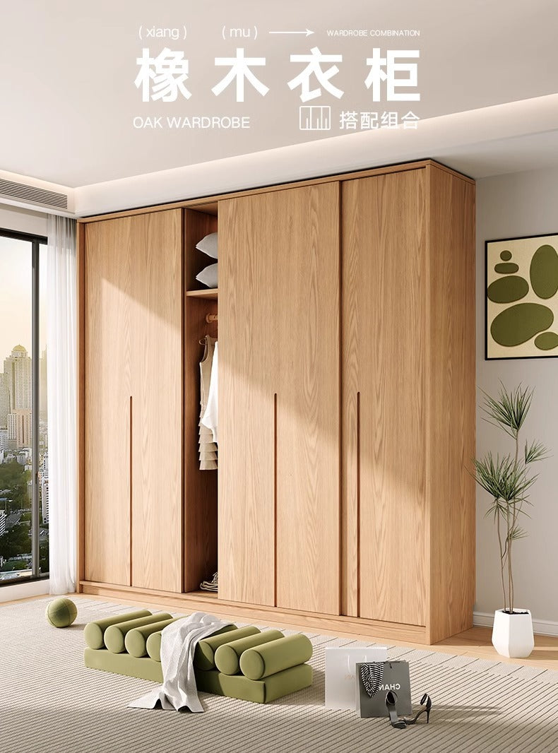 All Solid Wood Oak Sliding Door Wardrobe for Home Bedroom, Natural Wood Style, Modern Minimalist Wardrobe, Master Bedroom Wardrobe Customization