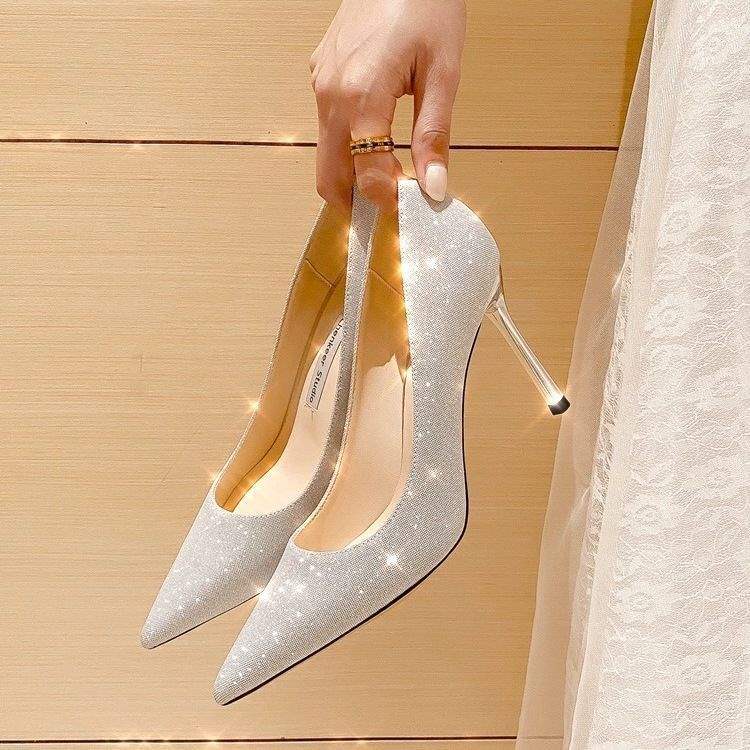 Main Wedding Dress silver High Heel Wedding Shoes for Women Thin Heel2025New Year's New Bride Xiuhe Dress Two-Wear Can Be Worn Daily