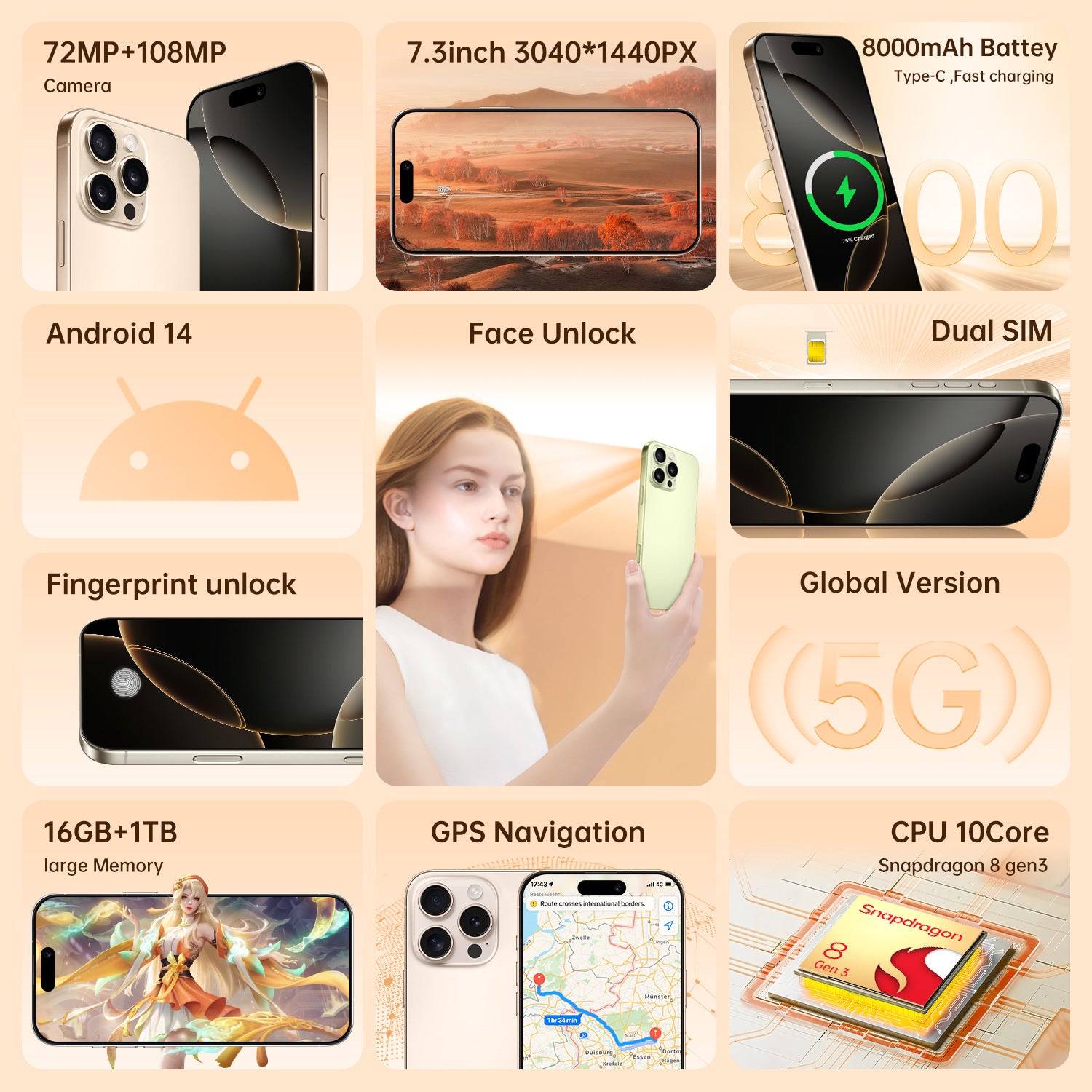 2025New i16Pro Max Android7.3inch smartphone16+1T Source Factory AliExpress Hot Sale