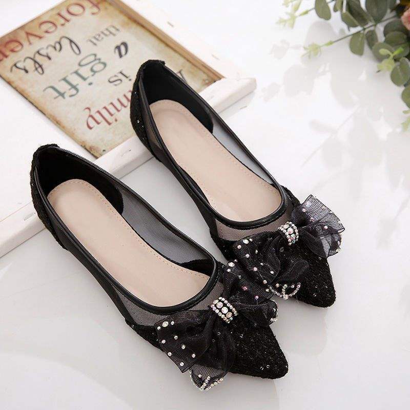 Summer Breathable Cool Single Shoes for Women, New Korean Style Evening Breeze Loafers, Bowknot Mesh Pointed Flat Shoes