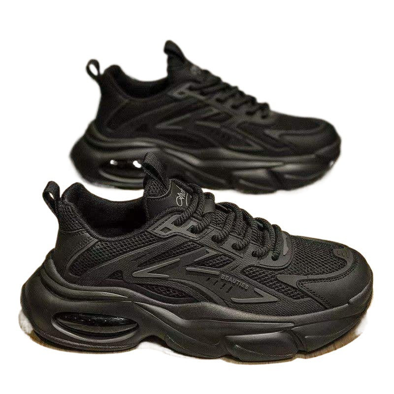 Men's Shoes Summer2025New Pure Black Thick-Soled Black Warrior Air Cushion Casual Sports Shoes Dad ins Trendy Shoes