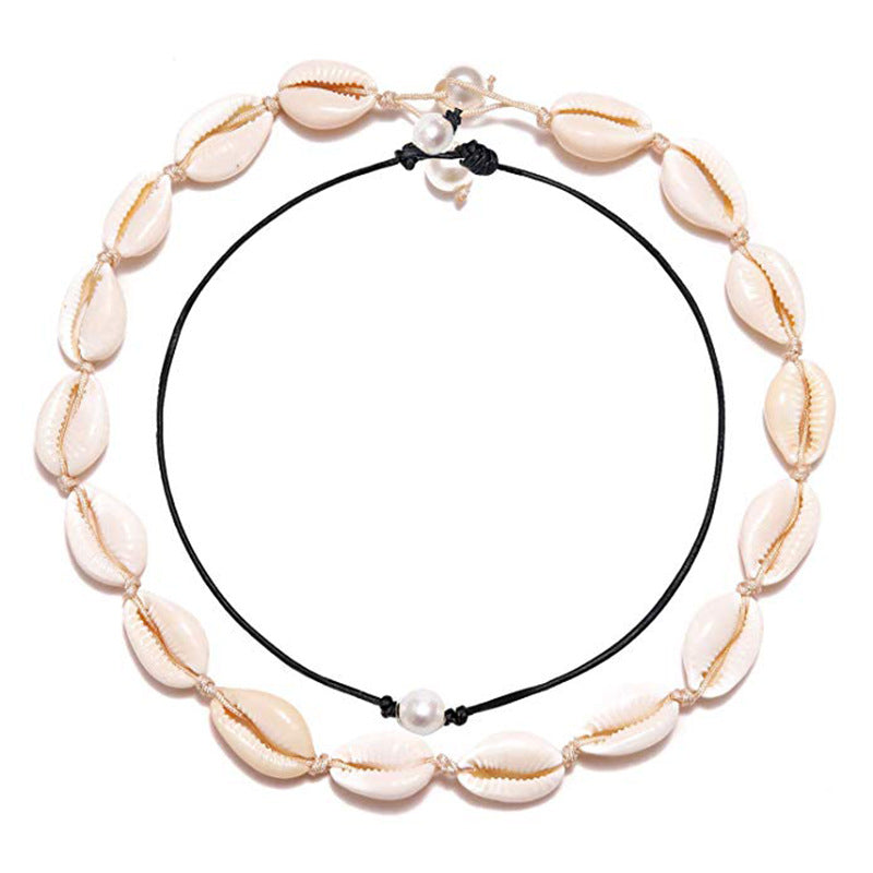 Women's Beach Shell Necklace Blue Pine Beaded Extension Chain Stretchable Handmade Woven Fragmented Shell Necklace Set