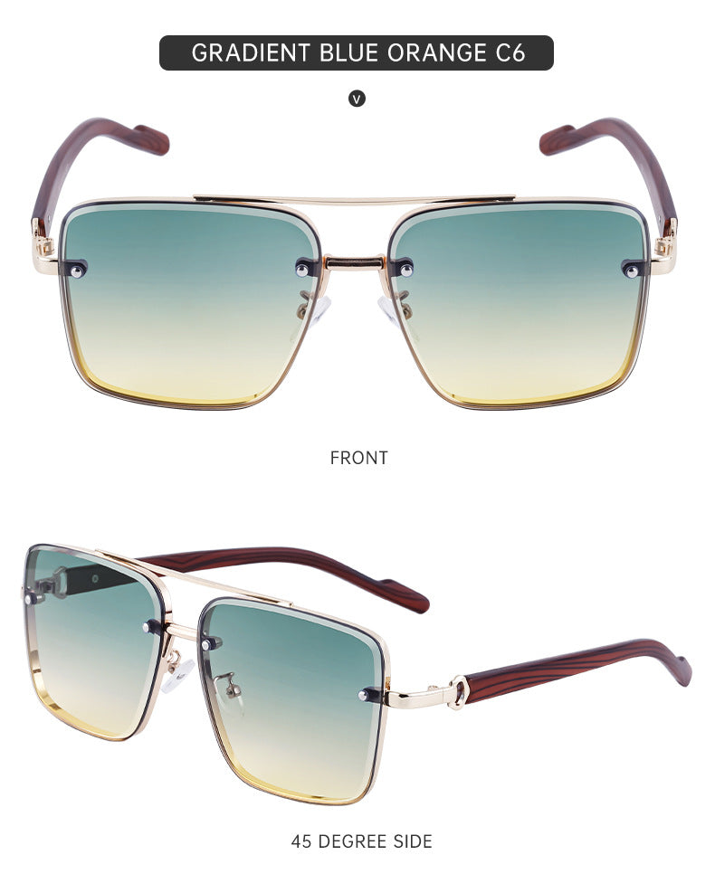 European and American Style Square Frame Cut Edge Sunglasses for Men with Imitation Wood Grain Temples, Men's Trendy Wholesale sunglass