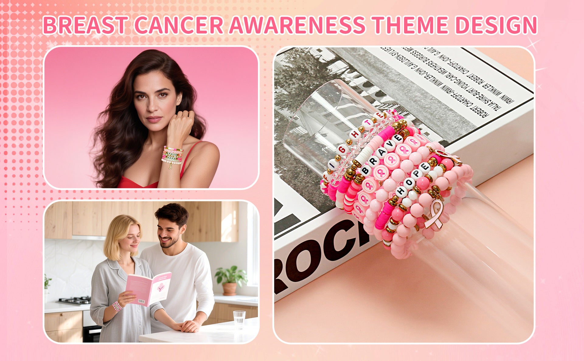 European and American Care Gift Bracelet Letter Soft Clay Acrylic Bracelet for Friends Friendship Women Pink Ribbon Bracelet