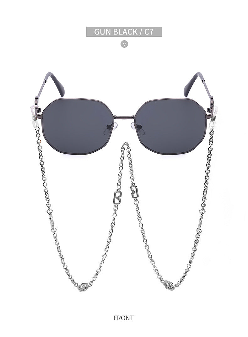 Chain Sunglasses for Women, Internet Celebrity Style, Anti-Drop Chain, Irregular Polygonal Full Frame Sunglasses for Women, Trendy