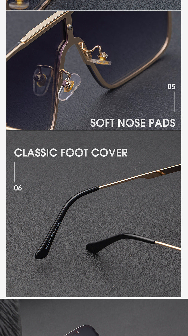 New Large Frame Sunglasses for Men Metal Frame One-piece Fashion Internet Celebrity Square Frame Glasses Trendy Sun Protection Driving Sunglasses