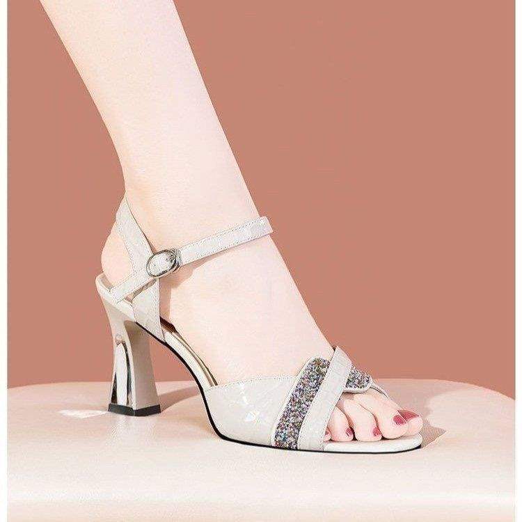 Soft Leather Peep Toe Waterproof Platform High Heel Sandals for Women Summer Chunky Heel2025New Fashion Sequin Strap Fashion Women's Shoes