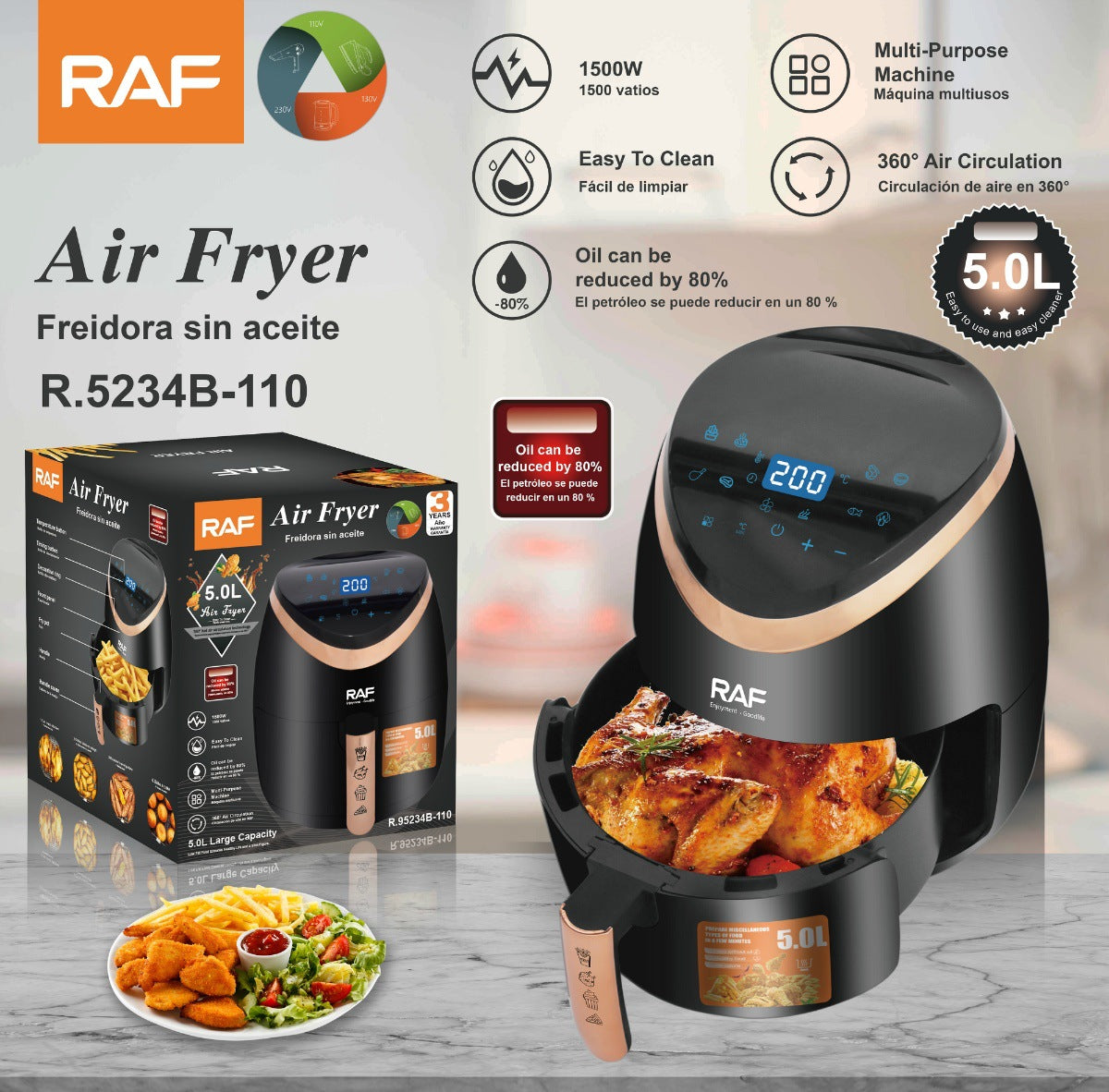 RAF European Standard Smart Touch Air Fryer5.8L Large capacity household fully automatic intelligent multifunctional