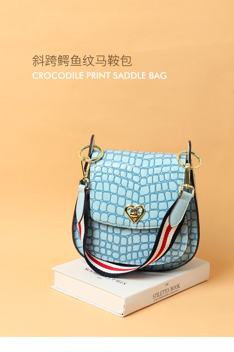 Autumn Winter New Korean Version Crocodile Pattern Saddle Bag Single Shoulder Crossbody Women's Bag Trendy Fashionable Personality Versatile Handbag for Women