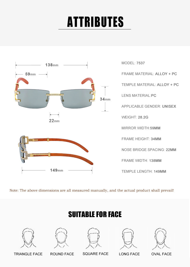 Imitation Wood Grain Leg Retro Sunglasses for Men Fashion Trend Diamond-Studded Rimless Sunglasses Men's Sun Protection Square Frame Glasses Street Style
