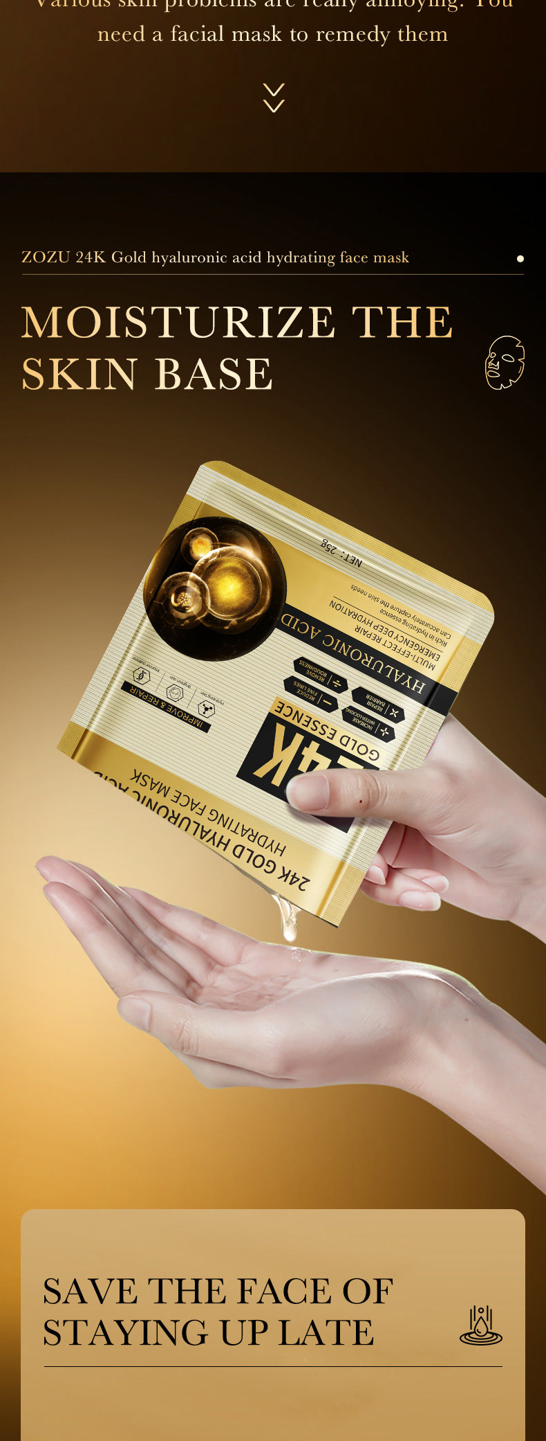24k Gold Mask25g ZOZU Hyaluronic Acid Hydrating Moisturizing Tablets Cross-Border Wholesale