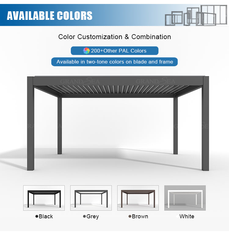 Waterproof Pergola Leisure Garden Motorized Louvered Roof Aluminium Outdoor Bioclimatic Pergola Aluminum