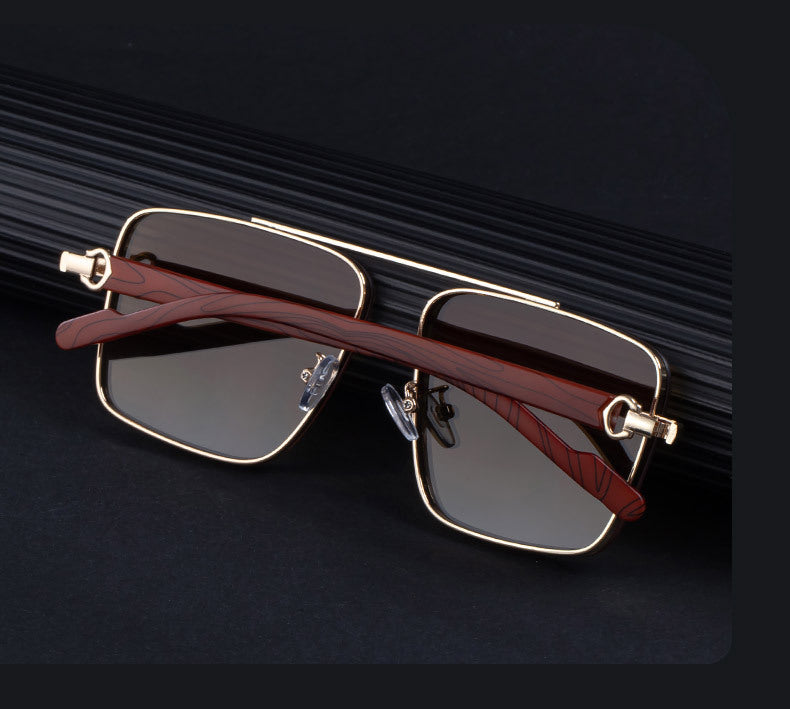 2025New European and American Fashion Square Frame Sunglasses for Men Retro Imitation Wood Grain Temple Double Bridge Sun Protection Sunglasses for Men