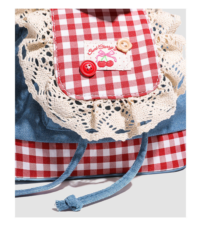 Lace trim denim backpack for women2025New Trendy Fashion Plaid Lace Backpack Handbag Shoulder Bag