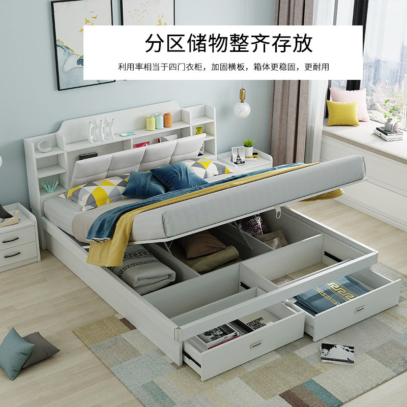 High Box Bed Nordic Simple Bedroom Pneumatic Storage Bed1.5/1.8Minimalist Soft Pack Double Bed with Solid Wood Frame