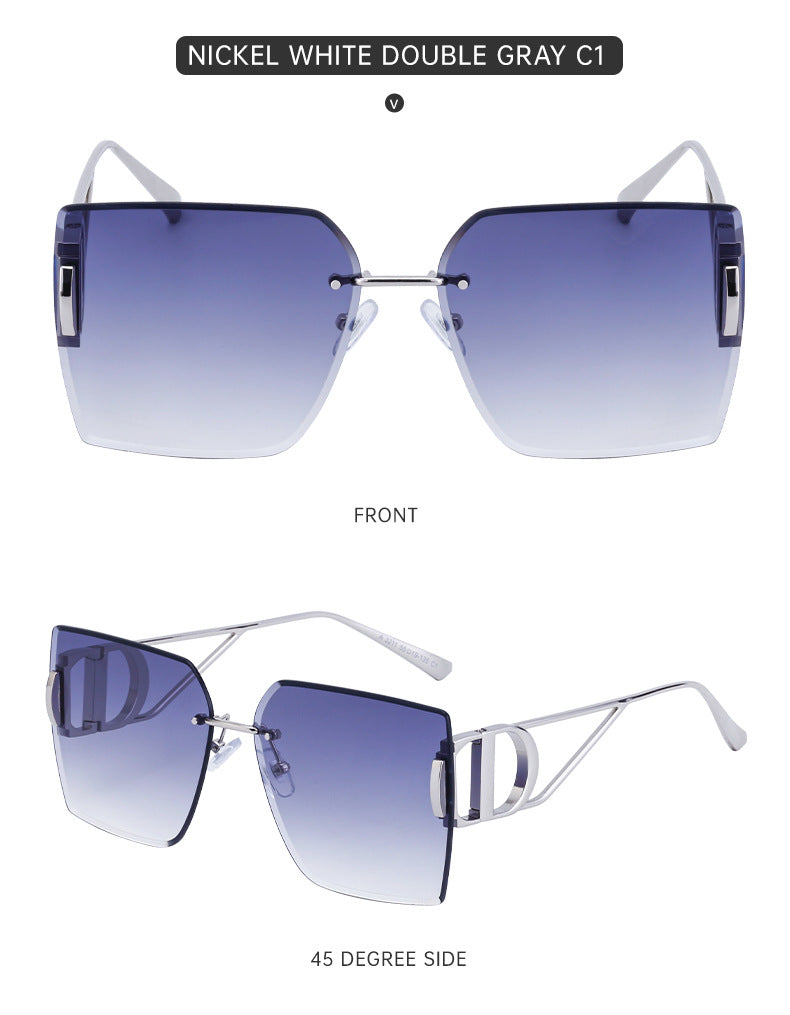 New European and American Fashion Diamond Cut Edge Rimless Sunglasses for Women Trendy Hollow Temple Large Frame Sunglasses Women's Glasses