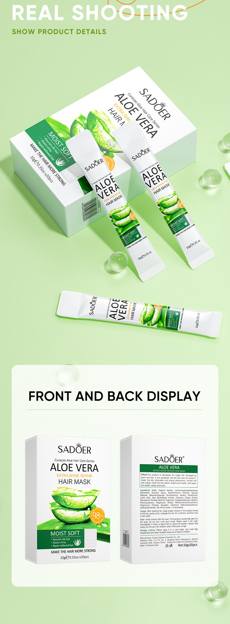 Aloe Vera Hair Mask10g*20pcs Smooth Improves Frizz and Smoothness Portable Export Manufacturer Wholesale