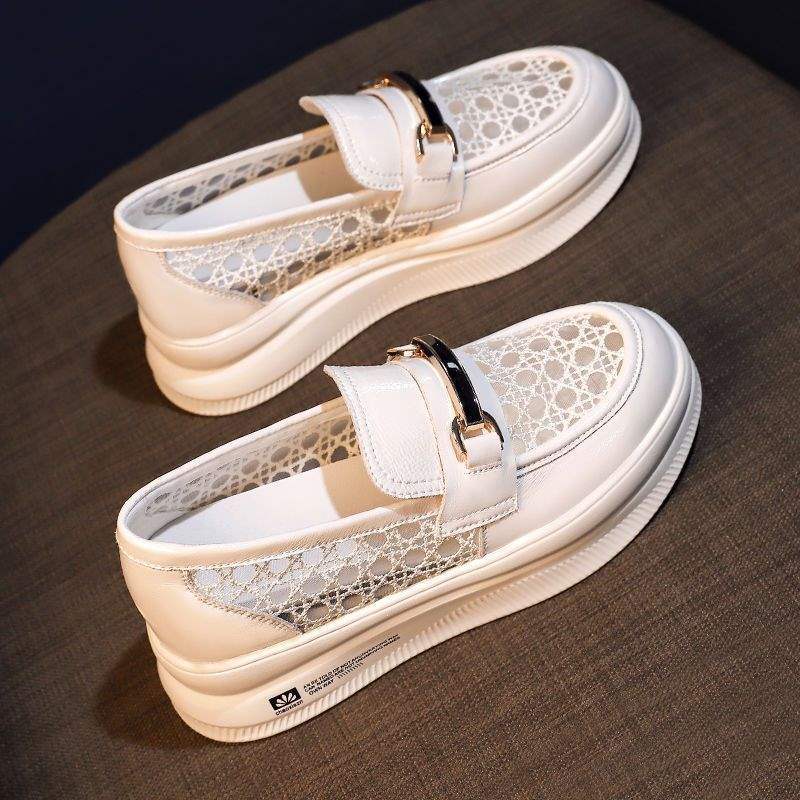 2025New Year's Casual Versatile Wedge Thick-Soled Loafers Summer Breathable Mesh Height-Increasing White Shoes for Women