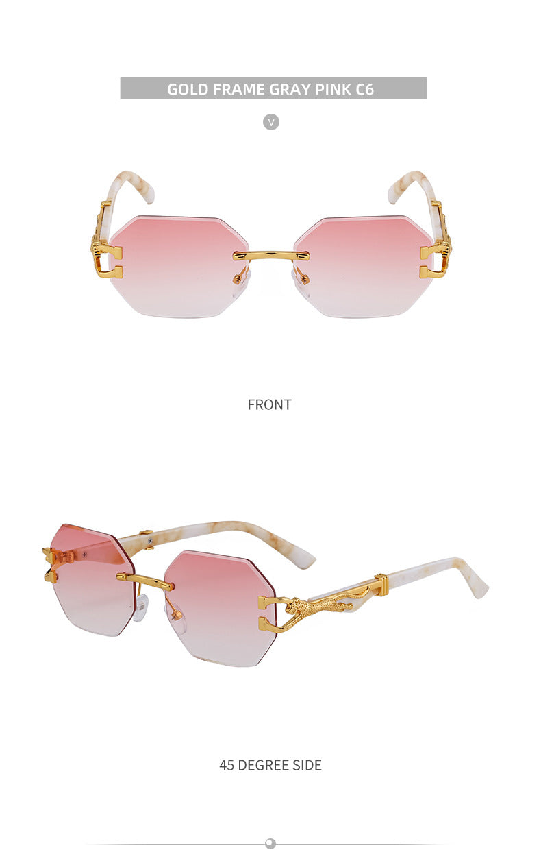 New European and American Retro Frameless Sunglasses for Men with Imitation Wood Grain Temples Wholesale Glasses shades