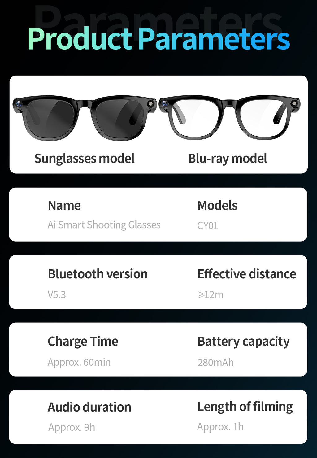 CY01Smart Glasses800100 Megapixel Camera with Image Stabilization1200P Video Recording AI Simultaneous Translation Character Recognition
