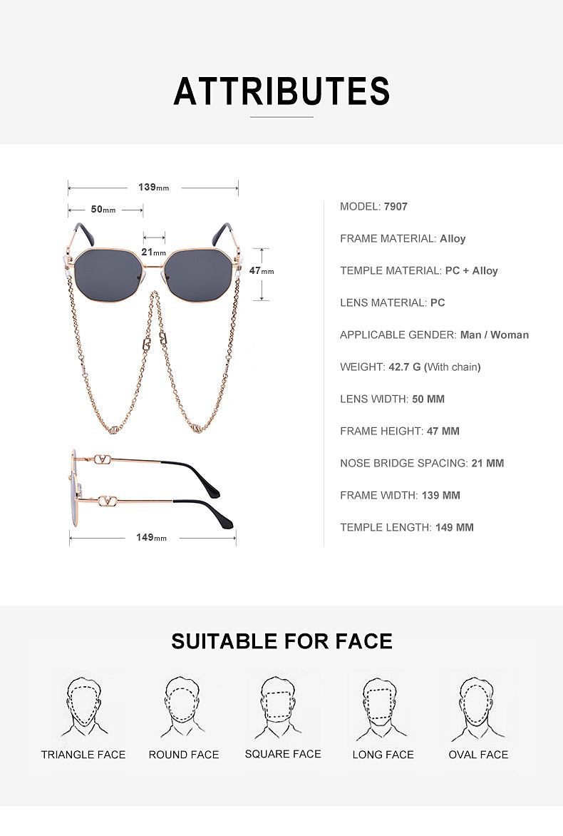 Chain Sunglasses for Women, Internet Celebrity Style, Anti-Drop Chain, Irregular Polygonal Full Frame Sunglasses for Women, Trendy