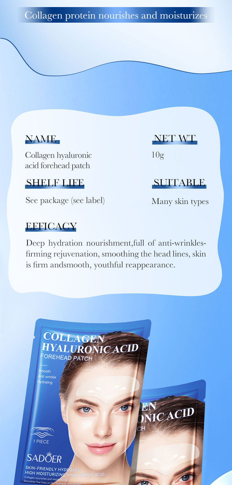 Full English Hyaluronic Acid Forehead Patch SADOER Collagen Firming Improves Forehead Wrinkles  Wholesale