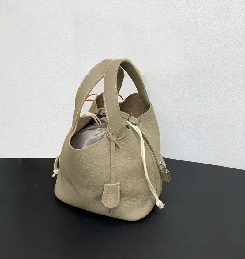 Genuine Leather Basket Bag2024New high-end casual bucket bag for women, top layer cowhide commuter handbag