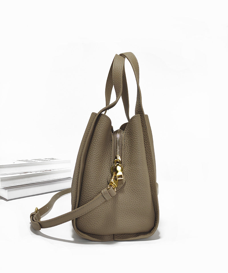 Genuine Leather Basket Bag Handheld Bucket Bag Women's Winter Crossbody Bag Large Capacity Top Layer Cowhide Bucket Style