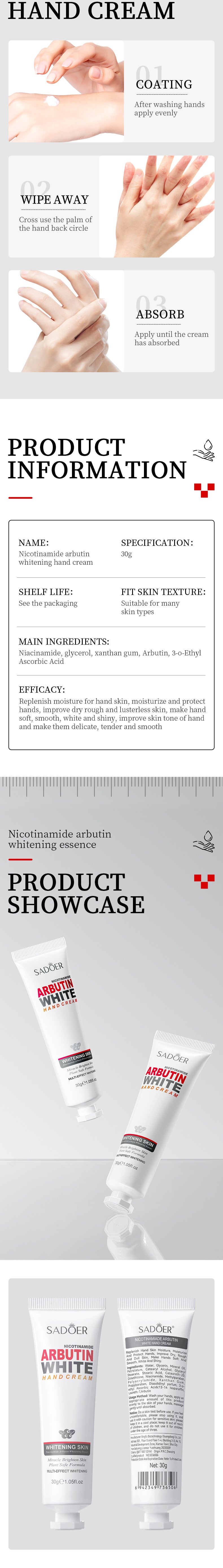 Full English Whitening Hand Cream SADOER Niacinamide Arbutin Skin Rejuvenation Moisturizing Hand Cream  Wholesale