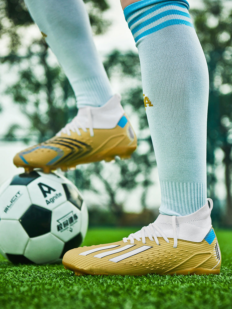 High-top Unisex Youth Soccer Shoes with Broken and Long Spikes for Grass Field Competition Training Student Sports Shoes