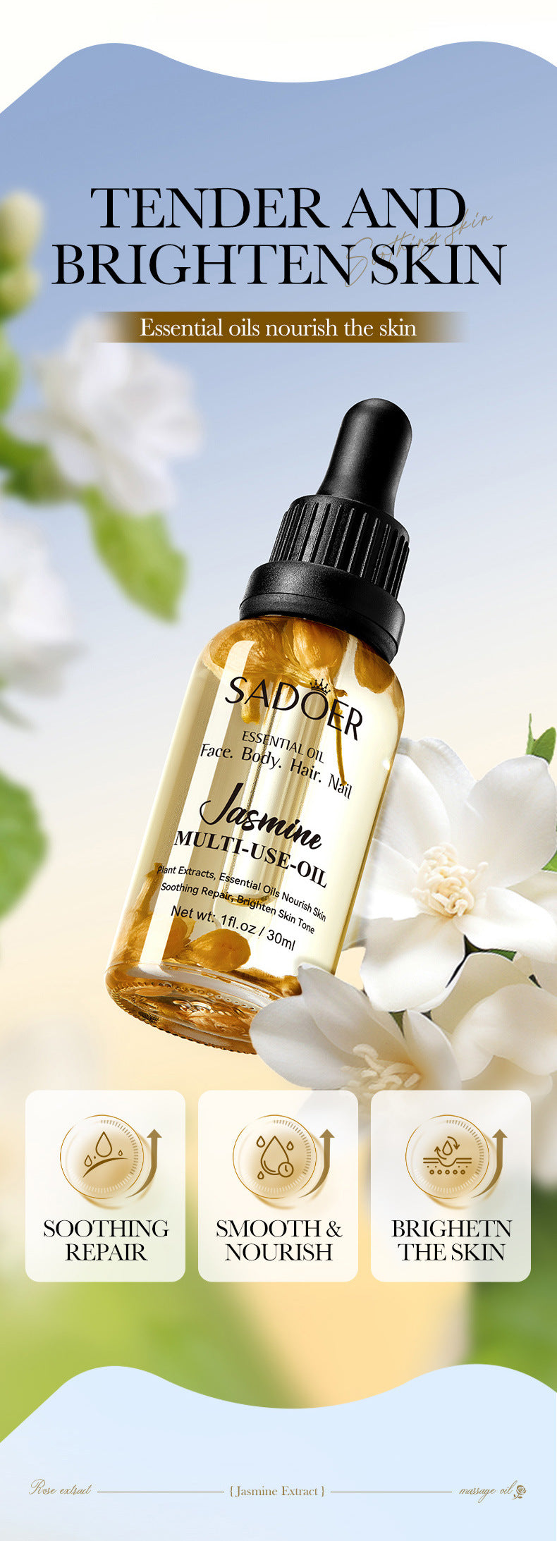 Cross-border Jasmine Dried Flower Massage Oil SADOER Moisturizing and rejuvenating skin body oil cross-border foreign trade wholesale