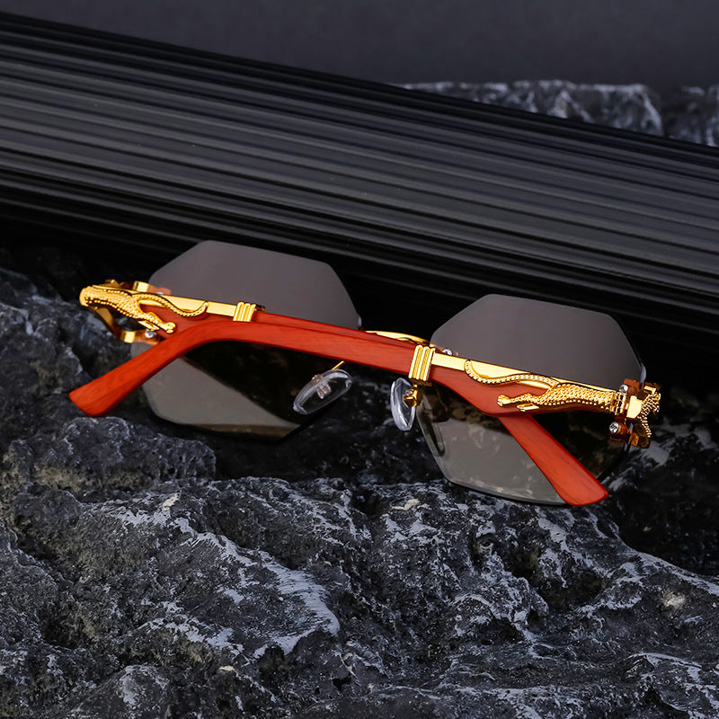 New European and American Retro Frameless Sunglasses for Men with Imitation Wood Grain Temples Wholesale Glasses shades