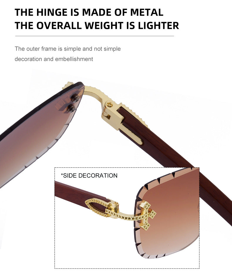 2025New European and American Retro Frameless Sunglasses for Men with Diamond Cut Edge and Imitation Wood Grain Temples Wholesale