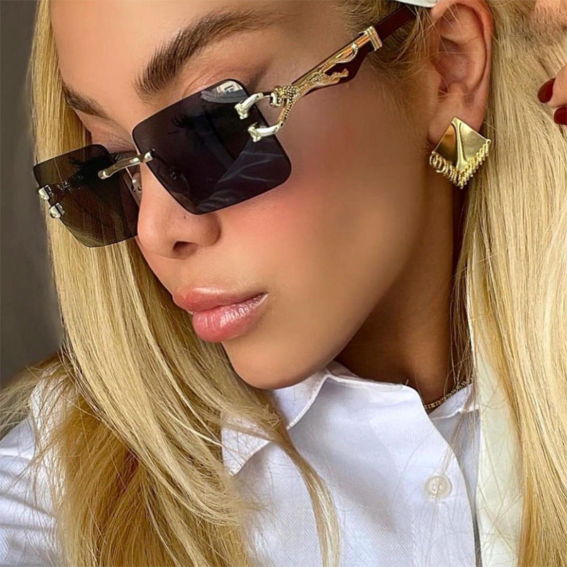 Vintage Rimless Sunglasses for Women with Leopard Wood Grain Temples, Square Frame Sunglasses for Men, Trendy Eyewear shades