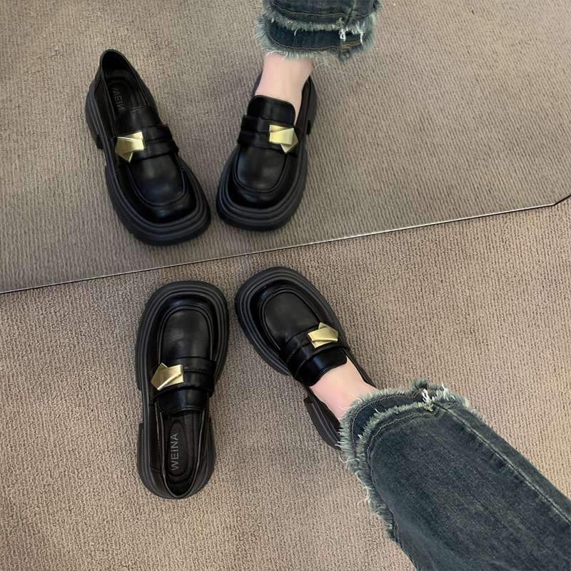 Black Thick Sole Heightening Loafers Women's Shoes2025Spring New Slip-On Shoes British Style Big Toe Small Leather Shoes