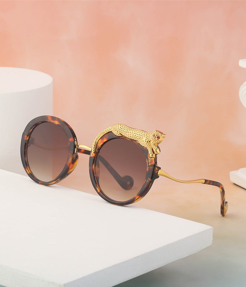 2025New Anti-Blue Light Glasses for Women Leopard Head Diamond-Studded European and American Round Frame Sunglasses Trendy Large Frame Sunglasses High-End Feel