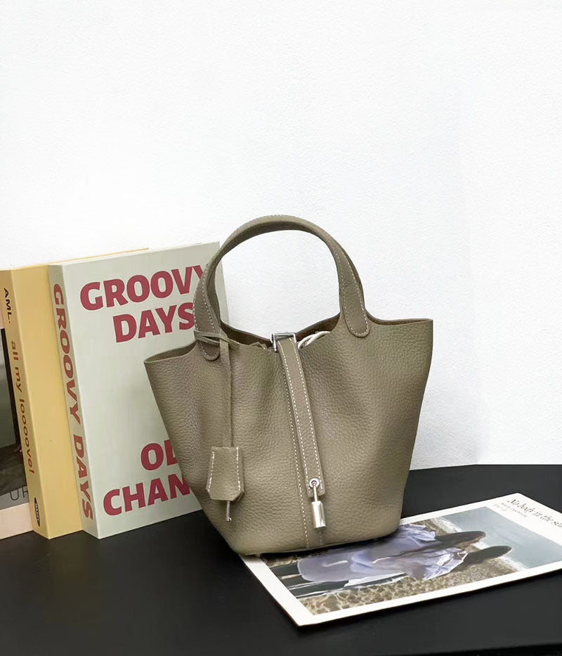 Genuine Leather Basket Bag2024New high-end casual bucket bag for women, top layer cowhide commuter handbag
