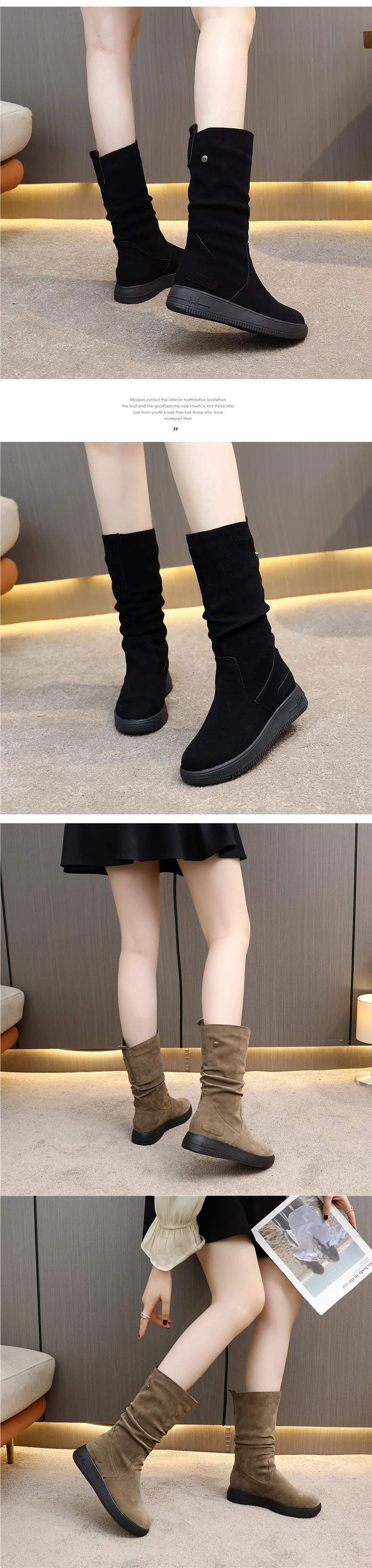 Thick-Soled Non-Slip Suede High Boots for Women, Thick Fleece Winter Mid-Calf Boots, Flat Snow Boots, Warm Cotton Shoes, Martin Boots