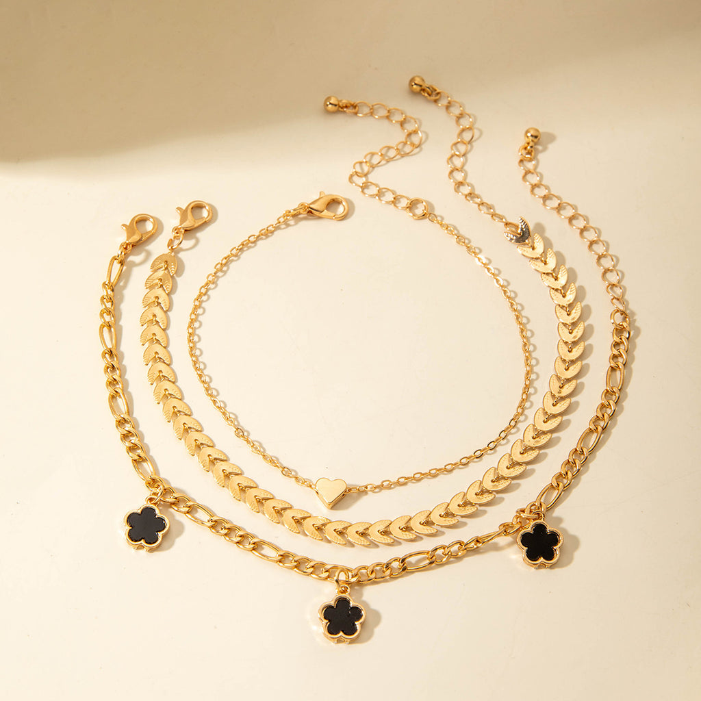 European and American Fashion Alloy Inlaid Diamond Five-Leaf Clover Bracelet Jewelry Three-Piece Set Simple Geometric Smooth Bracelet Wholesale