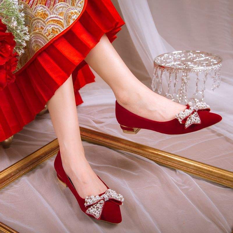 Wedding Shoes for Women Bride Low Heel Chinese Style Xiuhe Wedding Dress Two-Way Toast Red High Heel Maternity3Flat shoes that don't tire your feet