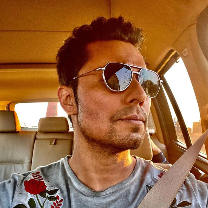 New Retro Oval Frame Glasses Metal Double Bridge Pilot Sunglasses Men's High-end Driving Sun Protection Sunglasses