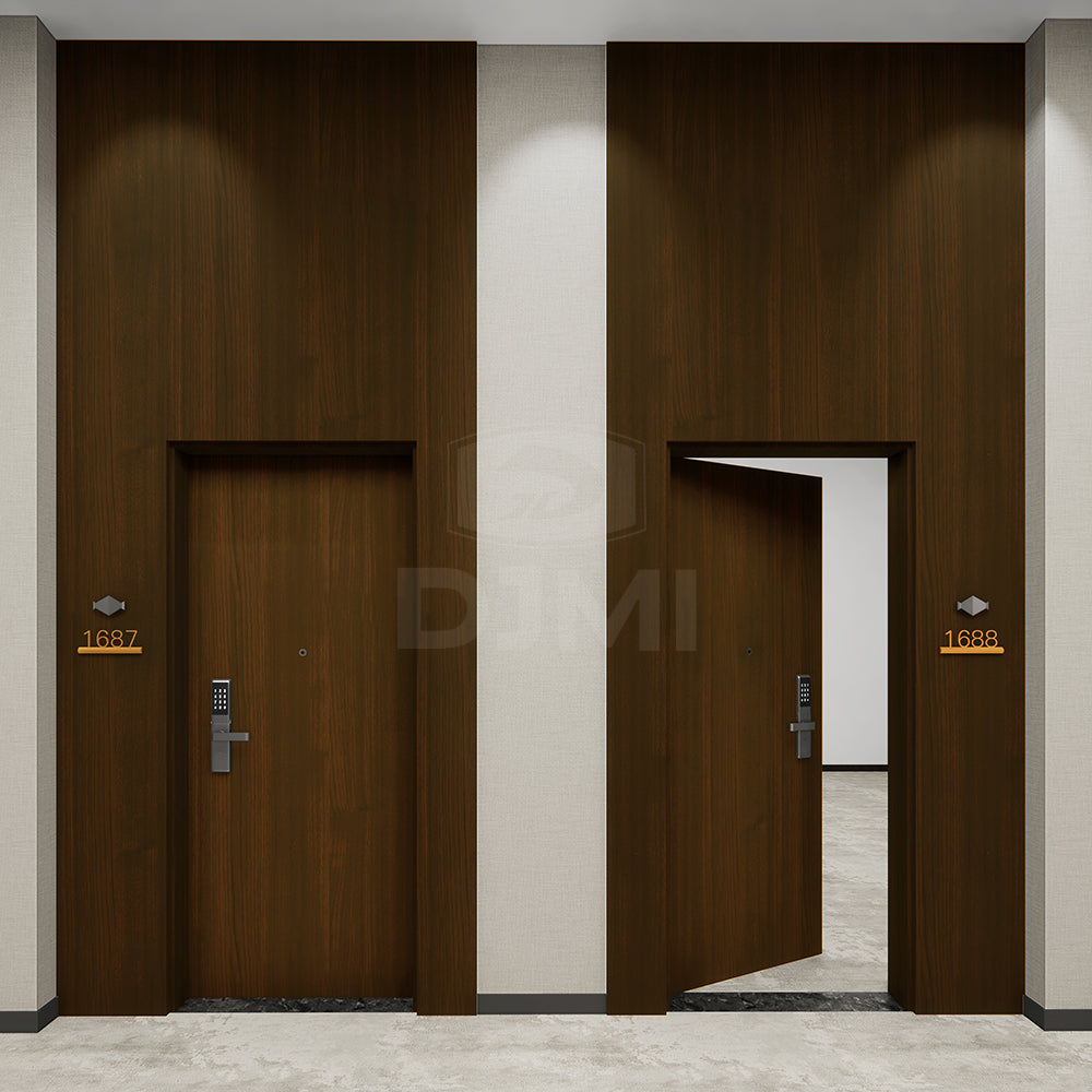 Foshan Manufacturer Custom High Quality Walnut Wood Design Hotel Room Sound Insulation Fire Solid Wood Interior Door