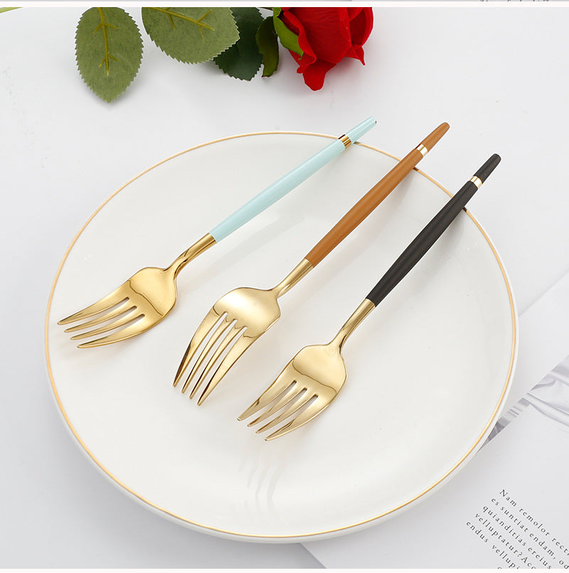 304Stainless Steel Portuguese Tableware Creative Lathe Craft Glossy Mirror Black Gold Round Spoon Dessert Spoon Fork