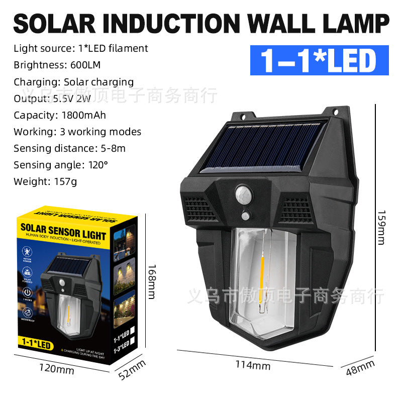 New Solar Light Outdoor Garden Light Human Body Sensing Tungsten Wall Light Garden Villa Street Light Waterproof