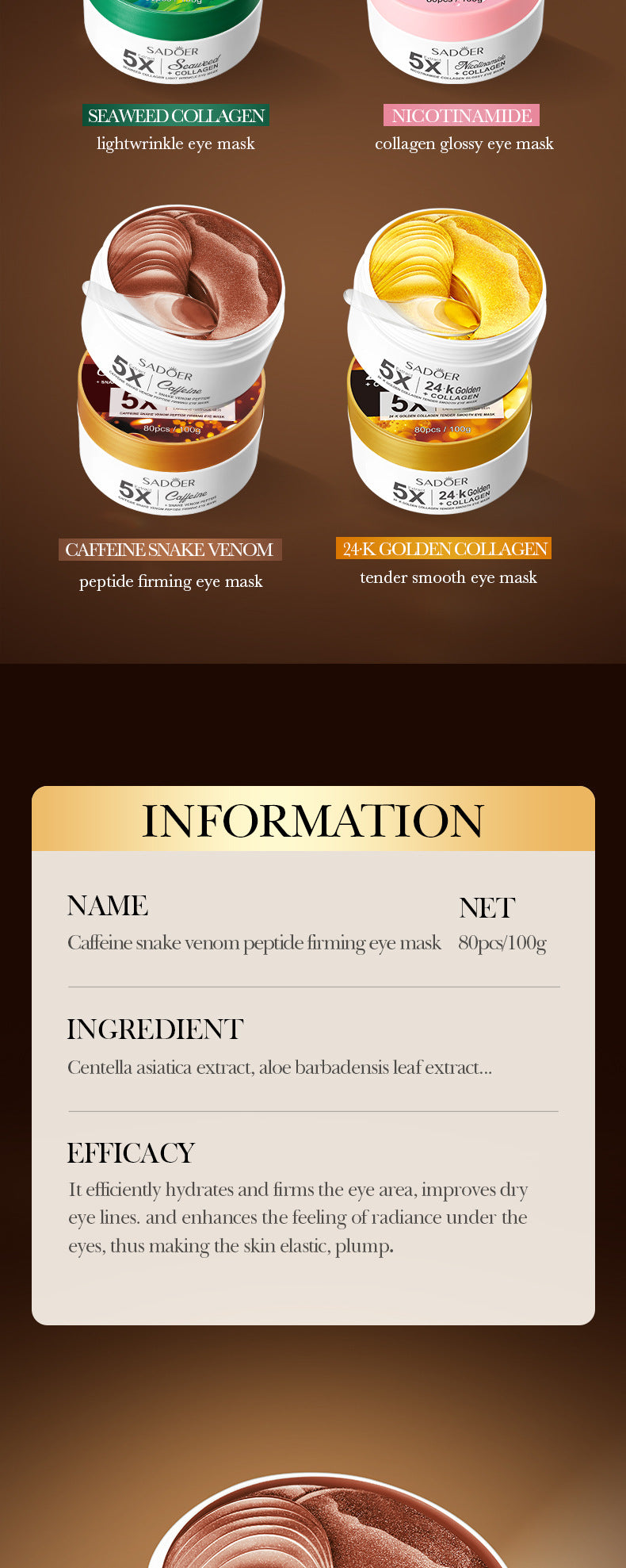 Cross-border Boxed Eye Mask80pcs/100g  Snake Venomoid Peptide Seaweed Condensing Smooth Eye Mask Export Manufacturer Wholesale