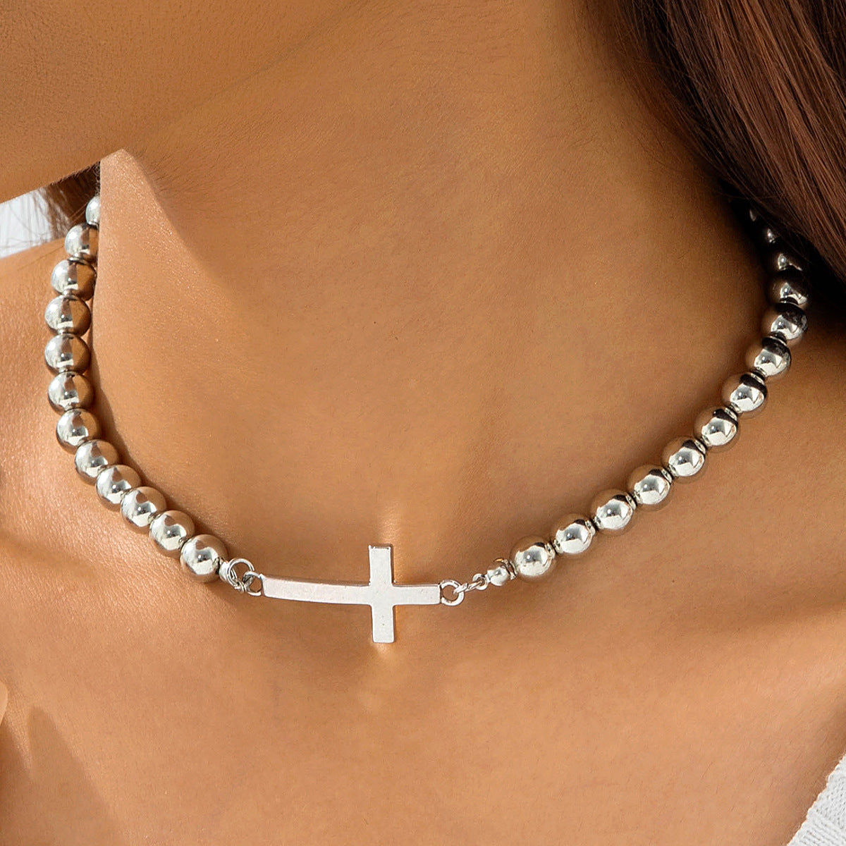 European and American Ornament  Simple Versatile Japanese and Korean Fresh Style Beaded Sugar Cube Round Bead Pearl Necklace Wholesale