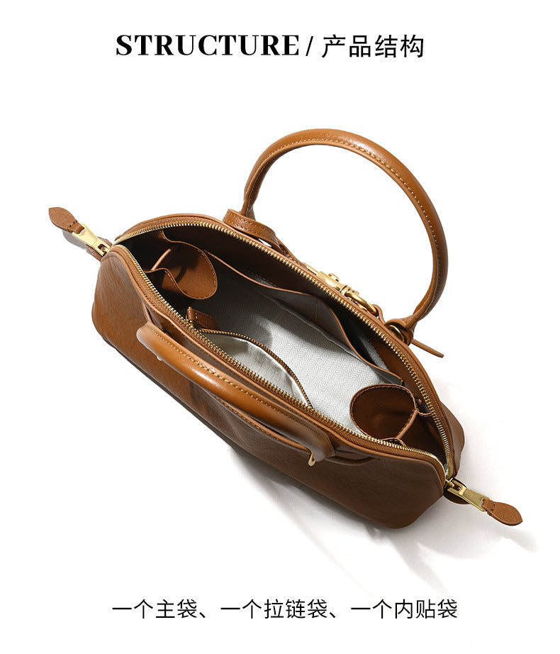 Miaojia Same Style European and American Retro Handbag Female Sense Top Layer Cowhide Crossbody Shell Bag Niche Boston Bag