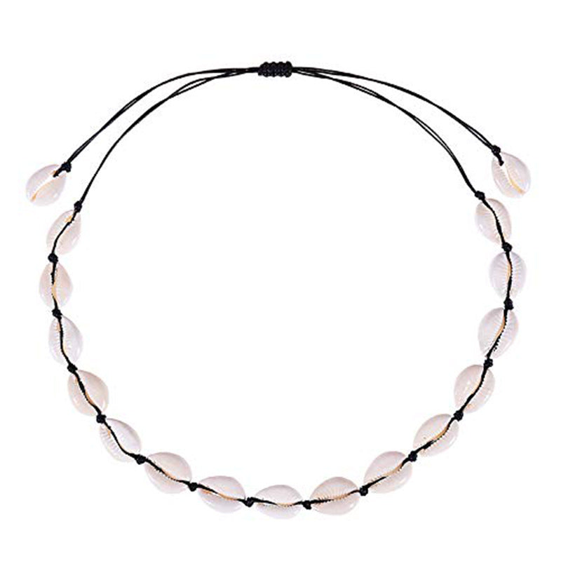 Women's Beach Shell Necklace Blue Pine Beaded Extension Chain Stretchable Handmade Woven Fragmented Shell Necklace Set