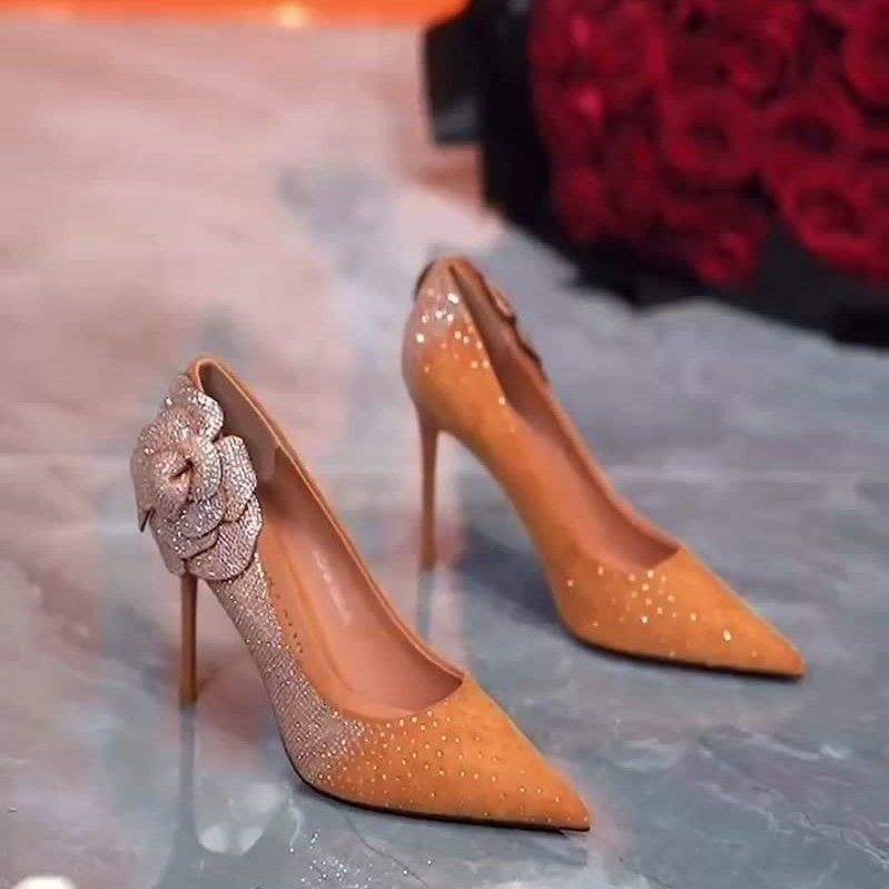 Pointed Toe Rhinestone Design High Heels2025Early Spring New Flower Diamond Red Sole Sexy Stiletto Shoes for Women